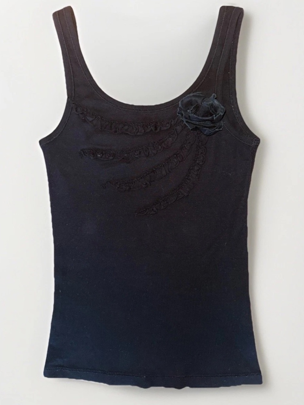 Vintage Terranova Women’s XS Black Cotton Sleeveless Tank Top Rose Floral Accent